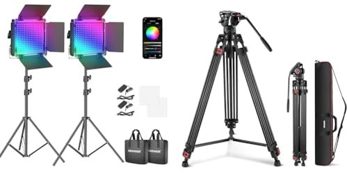 NEEWER Panneau LED 660, Pack de 2 Lampes réglables Depuis l'APP, Kit d'Eclairage Vidéo & Trépied vidéo Pro 74 avec tête Fluide, Plaque QR Compatible avec DJI RS Gimbals Manfrotto