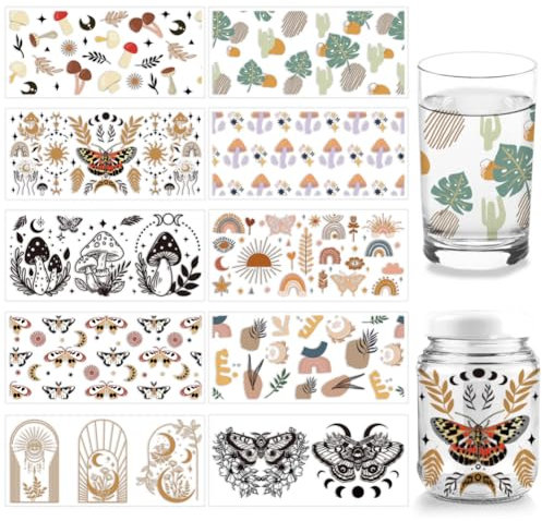 arricraft 10 Blatt UV DTF Cup Wrap, 10 Stil Boho-Thema Pilz Schmetterling Motte Rub On Transfers PVC-Papier Wasserdicht Rubbelbilder Für DIY 16OZ Libbey Glas Tassen Möbel Holz Handwerk