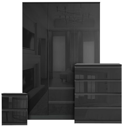 3 Piece Bedroom Furniture Set, High Gloss 3 Door 2 Drawers Wardrobe, 4 Storage Drawer Chest Of Drawers, 2 Drawer Bedside Table Bedroom Furniture Storage Sets, Black