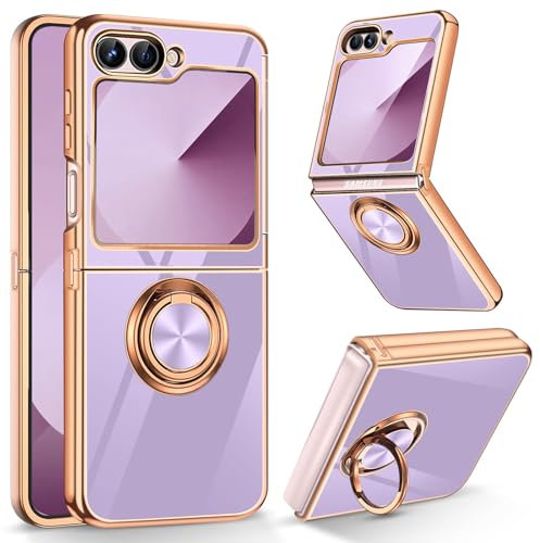 HeeYeal Custodia per Samsung Galaxy Z Flip 6 / Z Flip 7 FE 5G, 360°Ring Supporto Magnetico per Auto, Silicone TPU Placcatura Fotocamera Protezione Cover per Samsung Galaxy Z Flip 7 FE/Z Flip 6-Viola