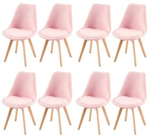 H.J WeDoo Lot de 8 Chaises de Salle à Manger Nordique en Peluche d'agneau,Chaise de Cuisine avec Pieds en HêTre Massif et Coussin en Laine d'agneau,Chaises Décontractées dans Les Bureaux,Rose