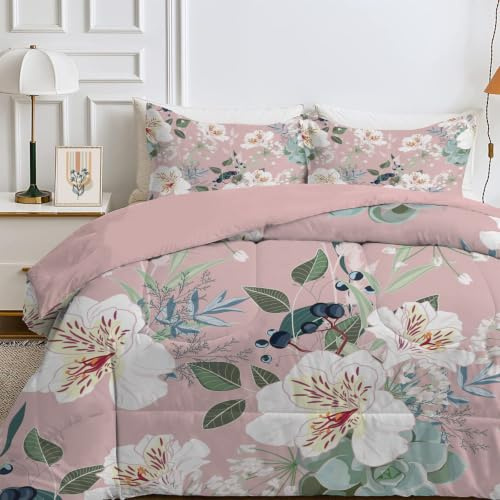 Qiwagu Couette 220x240 4 Saisons Rose Imprimée Fleurs Lit 2 Pers Réversible Machine Lavable 200GSM 2 Taies