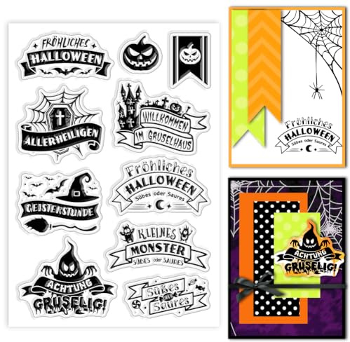 GLOBLELAND Deutsch Halloween-Text Transparente Silikonstempel Kürbis Banner Klare Stamps Hexenhut Geist Silikonstempel Für Kartengestaltung DIY Prägung Journaling