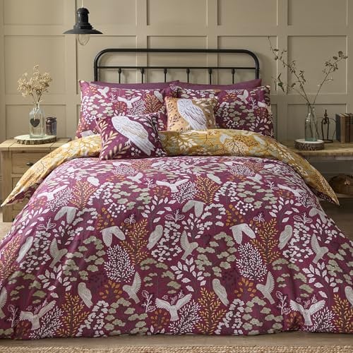 Dreams & Drapes - Red Mauve Woodland Owl Duvet Cover - Single (140 x 200cm) - Reversible Design (2 Colours) - Soft 100% Brushed Cotton - Woodland Bedding with Owls - Autumn Floral