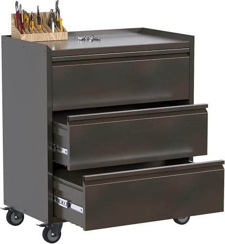 SUPEER Armadio per attrezzi con 3 cassetti, carrello da officina, armadio da garage con ruote, armadio in metallo, ideale per strumenti e accessori