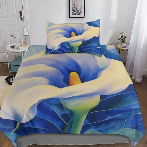 Parure de lit avec housse de couette et taie d'oreiller - Motif fleurs de lys colorées - Lit simple (135 x 200 cm)