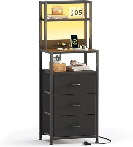 VERMESS Bedside Table with Charging Station and LED Light, Black | Tall Nightstand, 3 Fabric Drawers, Chest of Drawers, For Bedroom, Living Room, Hallway