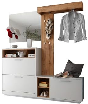 moebel-dich-auf Kompaktgarderobe Meran in Weiß, Absetzung Wildeiche, Schuhkipper, Paneel, Bank und Spiegel 177 x 195 x 32 cm (B/H/T)