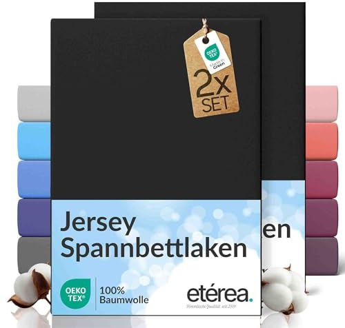etérea Jersey 2er Set Spannbettlaken 200x220cm Schwarz bis 25 cm Höhe - 100% Baumwolle Spannbetttuch Oekotex - Bed Sheets mit Rundumgummi - Doppelpack Bettlaken 200x220 cm - Black
