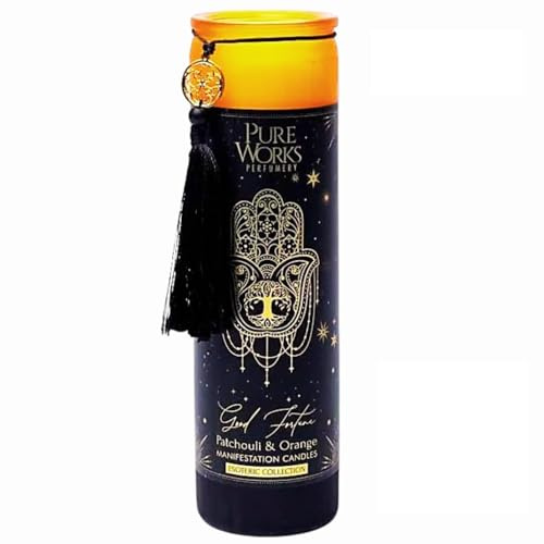 LivuX Manifestationskerze Good Fortune 80 Std. – Glas mit Quaste, 20x5,5 cm, handgegossen, Soja- & Palmwachs, ätherische Öle, Patchouli & Orange Duft, Glückskerze & spirituelle Ritualkerze 300g 1258