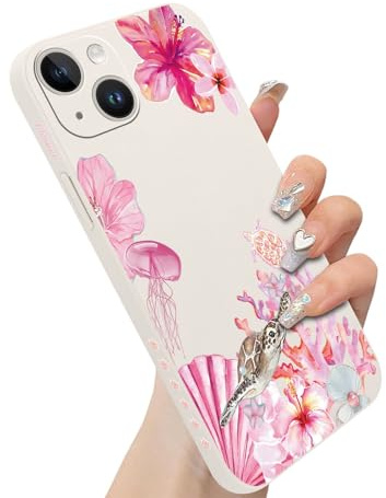 Yirlbey Handyhülle für iPhone 15 Hülle, Blumen Hibiskus Aesthetic Sommer Quallen Pink Muster Niedlich Design Mädchen Frauen Cover, Silikon Stoßfest Case Kratzfest Schutzhülle 6,1, Summer