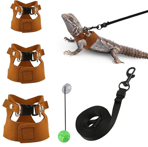 Bartagamen-Geschirr und Leine, Set mit einziehbarer Leine, 3 Größen verstellbar, weiches Leder, Spielzeugglockenbälle für Reptilien, Eichhörnchen, Eidechse, Chinchilla, 4 Stück