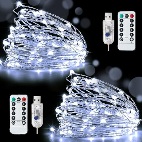 Knayis USB Powered Fairy Lights,2 Pack 12M/40Ft 120LED USB Fairy Lights, 8 Mode with Remote Control Plug in String Lights for Indoor/Outdoor Bedroom Party Wedding Christmas Decoration(Cool White)