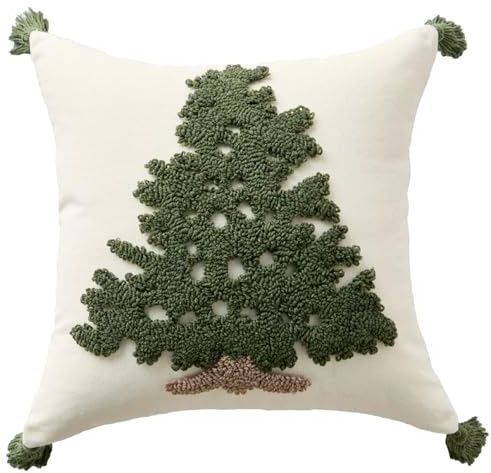 Niedlicher Weihnachts-Kissenbezug, 45 × 45 cm, bestickt, getufteter Baum | Flauschiger Weihnachts-Kissenbezug aus Fleece mit Quaste für Sofa, Couch und Bett – Dekoration im Landhausstil