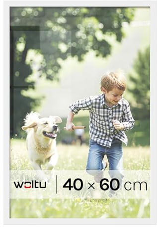 WOLTU Bilderrahmen 40x60, Weiß, MDF-Holz Fotorahmen mit Passepartout | Posterrahmen für Poster, Fotos, Puzzle, aufhängbar und aufstellbar, Collage-Wanddeko mit bruchsicherer PS-Platte ohne Glas