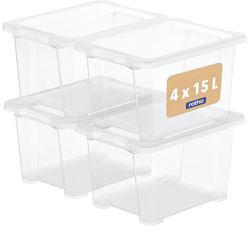 Rotho Core Basic Stapelboxen Aufbewahrungsbox mit Deckel im 4er-Set 15 L | Aufbewahrungsboxen für platzsparende Aufbewahrung, verschließbar, stabil, pflegeleicht, transparenter Inhalt auf einen Blick