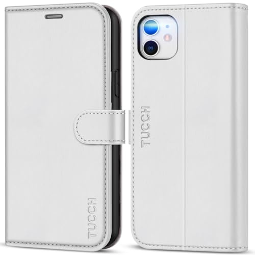 TUCCH Wallet Case for iPhone 11 (6.1), White | 3 Card Holders, RFID Blocking, Viewing Stand, Shockproof TPU Shell, Premium PU Leather, Magnetic Closure, Folio Flip Cover