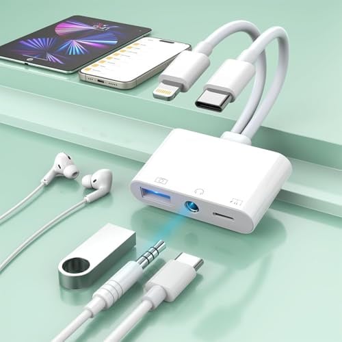 Lightning + USB C to Aux Audio Headphone Jack Adapter,Multi USB OTG Camera Adapter+3.5mm Earphone Jack+Type-C Earphone/Charge Port,Phone Splitter for iPhone 17/16/15/14/13/12/Samsung/iPad/Flash Drive