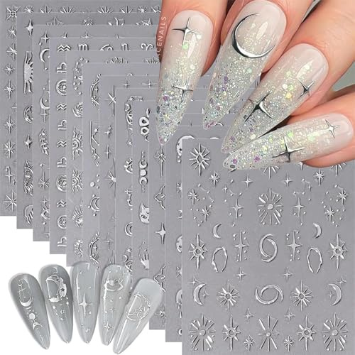Aribliseza Nagelsticker 12 Stück, Silberne Nail Art Sticker, Selbstklebende Sternen Mond Nagelsticker, Schlangen Design Nagel Aufkleber für Nagelkunst
