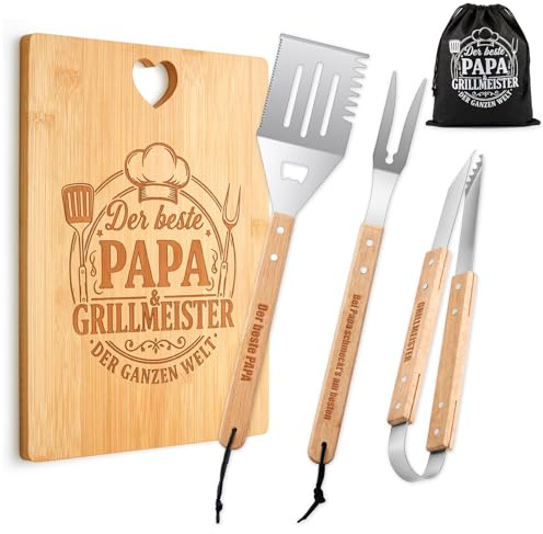 Yaryang 5 Stück Grillset, Papa, Edelstahlgriff | Graviertes Schneidebrett, Grillbesteck und Aufbewahrungsbeutel, Papa Geschenk Geburtstag, Geburtstagsgeschenk für Männer
