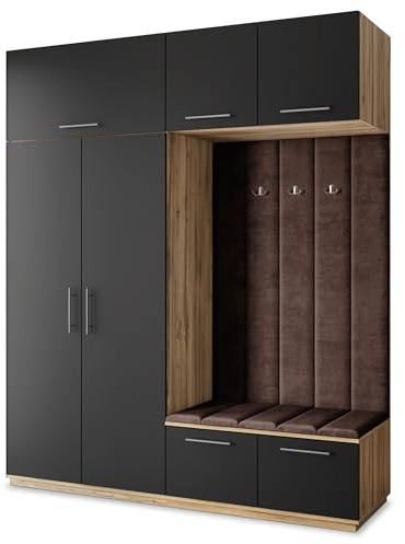 Masseno Flugarderoben Set Rema, Kleiderschrank-Set mit Sitzbank, Garderobenschrank Flur mit 5 Regalböden, Eiche Wotan/Schwarz