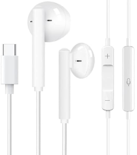 USB C Kopfhörer mit Kabel für iPhone 17 16 15 Pro Max Air, Typ C In Ear Kopfhörer mit Mikrofon Ohrhörer USB C für Samsung Galaxy S26 S25 S24 Ultra S23 S22 A56 A55 A54 A16 FE A Serie Pixel 9 8, Weiß