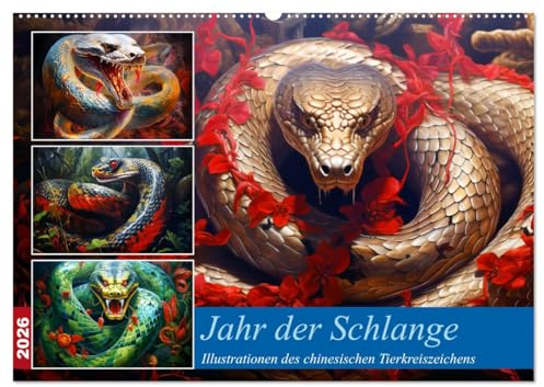 Jahr der Schlange - Illustrationen des chinesischen Tierkreiszeichens (Wandkalender 2026 DIN A2 quer), CALVENDO Monatskalender: Farbenfrohe ... chinesische Tierkreiszeichen (CALVENDO Tiere)