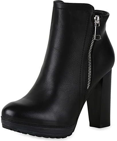 Gefütterte Damen Schuhe Plateau Boots Leder-Optik High Heels Stiefeletten 152121 Schwarz Zipper Brito 36 Flandell