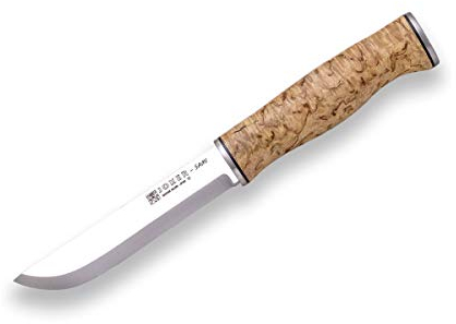 Joker Cuchillo de Caza y Monte Sami CL128, Funda Piel Color marrón, Mango Abedul Rizado, Hoja de 12,3 cm Sandvik 14C28N, Herramienta de Pesca, Caza, Camping y Senderismo
