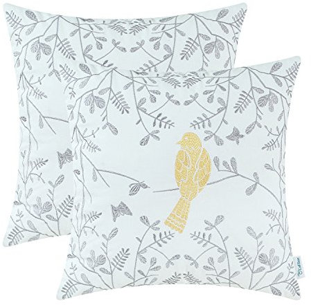 CaliTime Kissenbezüge Kissenhülle Packung mit 2 Dekokissenbezügen aus Baumwolle Bezüge für das Schlafsofa Cute Bird in Grey Garden Bestickt in 50cm x 50cm Gold