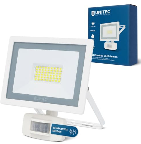 Unitec LED Strahler mit Bewegungsmelder 21 W, 2550 Lumen, IP44, Aluminiumdruckguss, einstellbare Einschaltdauer, Sicherheitsglas, energiesparend, langlebig, weiß