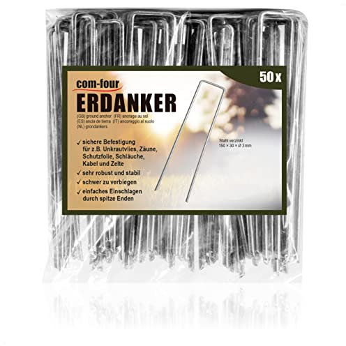 com-four® 50x Erdanker 150x30x3mm aus beschichtetem Stahl - robuste Erdnägel zur Befestigung von Unkrautvlies und Folien - Bodenanker für Garten und Camping - eckig (050 Stück - 150x30x3mm)