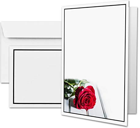 50 x Trauerkarte DIN A6 Motiv Rose + Trauerumschläge DIN C6 - schwarzer Trauer-Rahmen - 10,5 x 14,8 cm - Doppelkarte bedruckbar - Kondolenz Set für Danksagung, Einladung, Anzeige Trauer