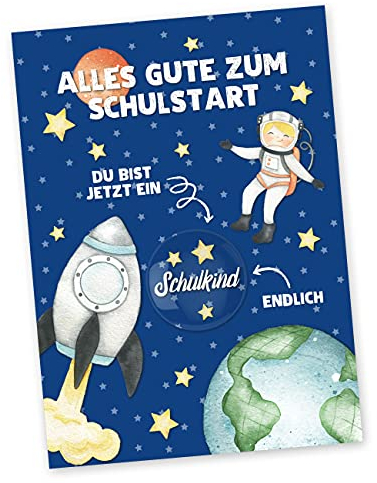 Papierdrachen Postkarte mit Button | Alles Gute zum Schulstart zum Verschicken und Verschenken | Design Weltall | 35mm Button bedruckt mit Schulkind