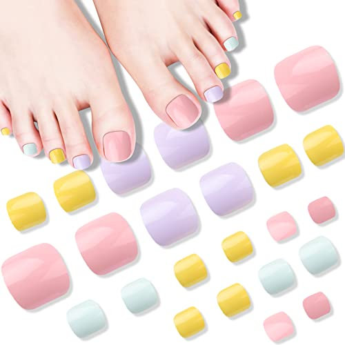 VIVID STELLA Toenails Press on Rainbow Color False Nails Summer Beach Fashion Toe Nails with Glue for Women Girls