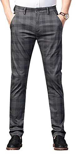 Yukirtiq Hommes Chino Pantalon Slim Fit Pantalon à Carreaux Business Habillés Affaires Élégant Classique Pantalon de Travaille, Gris, 34