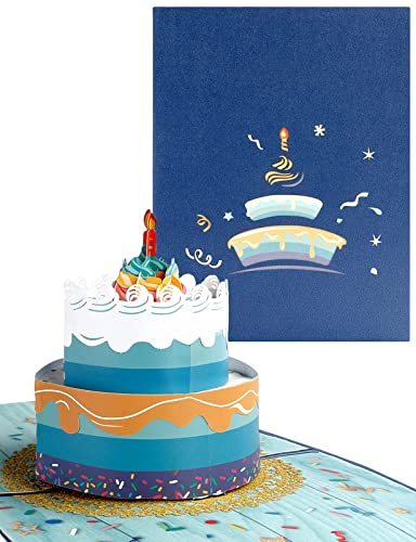 yumcute Pop-Up Geburtstagskarte, Blaues Doppelschicht Kuchen Design 3D Pop Up Karte Geburtstagskarten mit Umschlag für Familie, Kollegen, Freunde, Kinder, Geliebte, Eltern
