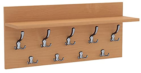 AKKE Wandhaken Garderobenhaken - Kleiderhaken Wandgarderobe Garderobenleiste Mit Ablage - Verti 70 Bayerische Buche/Chrom