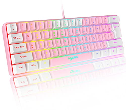 Tastiera da gioco RGB cablata al 60%, 61 tasti portatile con 11 luce RGB cromatica, copritasti flottante in ABS, tasti anti-ghosting completi, sensazione meccanica USB per PC Windows rosa bianco
