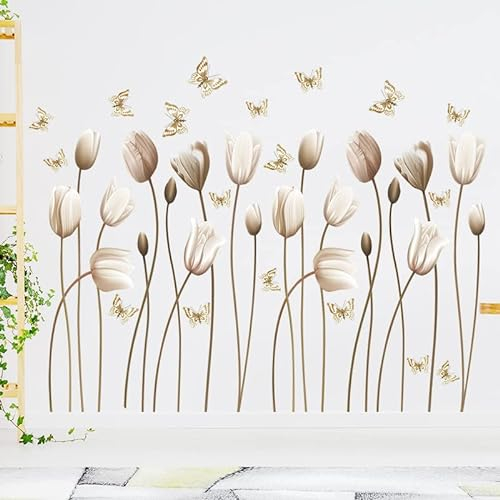 COVPAW® Wandtattoo Wandaufkleber XXL Tulpe Braun Schmetterling Gold Gelb Blumen Wandsticker Wandbild Bilder Wohnzimmer Schlafzimmer Deco