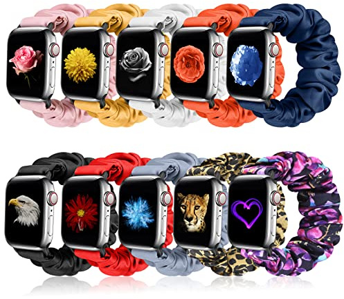 Fimpressiont 10 Packs Compatible with Apple Watch Bands Scrunchies 38mm 40mm 41mm 42 mm 44mm 45mm Women Girls Cute Cloth Pattern Printed Fabric Wristbands Straps Band for iWatch Series 8/7/6/5/4/3/2/SE