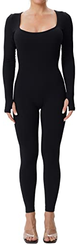 OEAK Damen Sport Jumpsuit Lang Eng Yoga Bodysuit Overall Stretch Langarm Bodycon Strampler Sportanzug Einteiler Hosenanzug Trainingsanzug,Schwarz,S