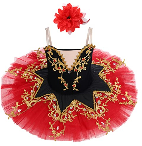 IBAKOM Mädchen Ballettkleid Spaghettiträgern Ballett Tanzkleid Schwanensee Spitze Perlen Camisole Trikot Turnanzug Tutu Kostüm Eiskunstlauf Tanzkleidung Ballerina Outfit Rot+Schwarz 13-14 Jahre
