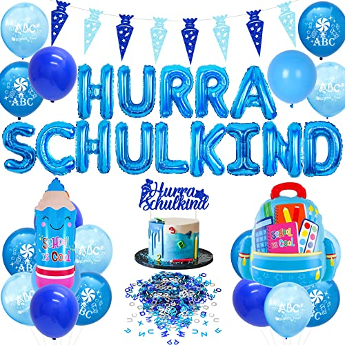Einschulung Deko Set für Junge Blau, Hurra Schulkind Folienballon Cake Topper Zuckertüten Banner ABC Buchstaben Konfetti für Schulanfang Erster Schultag