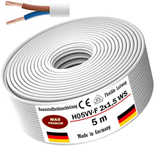 MAS Premium Tubo flessibile in plastica da 5 a 100 m, H05VV-F, 2 x 0,75; 2 x 1; 2 x 1,5 o 2 x 2,5 cm, colore bianco, cavo flessibile (H05VV-F 2 x 1,5 WS, 5 m)