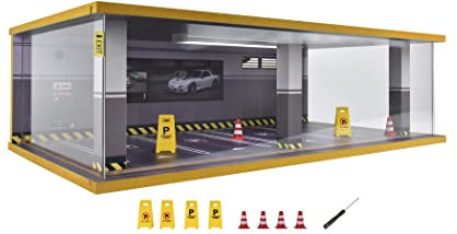 Otypus 1/24 Scale Model Car Display Case with Light, 1 24 Diecast Cars Storage Cases in Parking Lot Scene, Acrylic Toy Garage for Alloy Car Models (Grey)