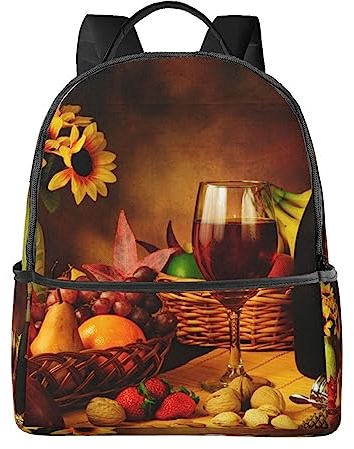 EVANEM Reiserucksack, leicht, Laptop-Rucksack, Schultertasche, Rotwein, Erdbeerblumen, bedruckt für Reisen, Herren, Damen, Schwarz , One size