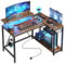 Bestier 106.5CM L-Shaped Desk with 3 Power Outlets, 2 USB Ports & LED Strip Lights, Reversible Corner Workstation with Shelves & Hooks for Office & Gaming