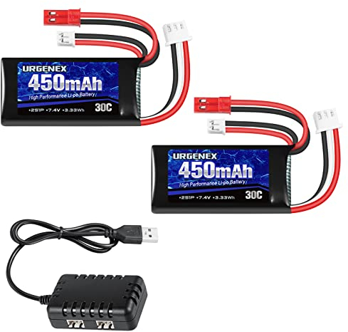 URGENEX 7.4V Lipo Battery 2S 30C 450mAh Rechargeable Lipo Battery with JST & PH2.0 Plug SCX24 Battery with 1to2 USB Charger Fit for Most 1/10, 1/16, 1/18, 1/24 Scale RC Car Truck and RC Drone Airplane