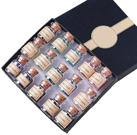 BeauFairy 15 Stück Kristalle Wunschflaschen, Heilkristall Trommelsteine Sammlungssatz, Edelsteinsplitter Flaschen Set, Adventskalender Steine für Reiki, Heilung, Meditation